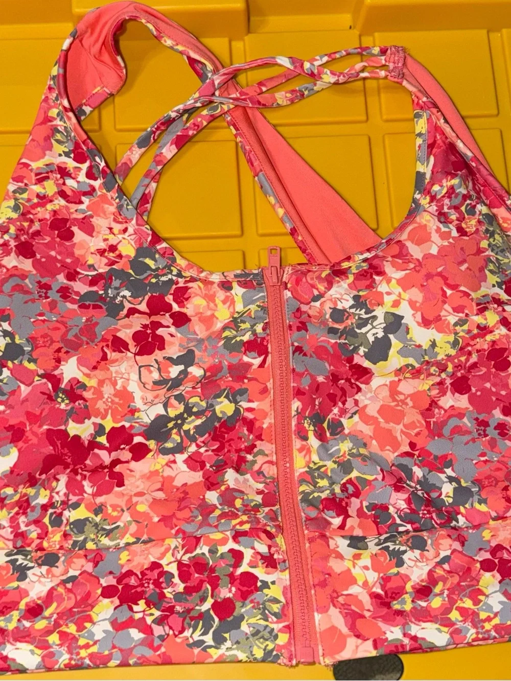 Active USA Coral Pink Floral Front-Zip Sports Bra